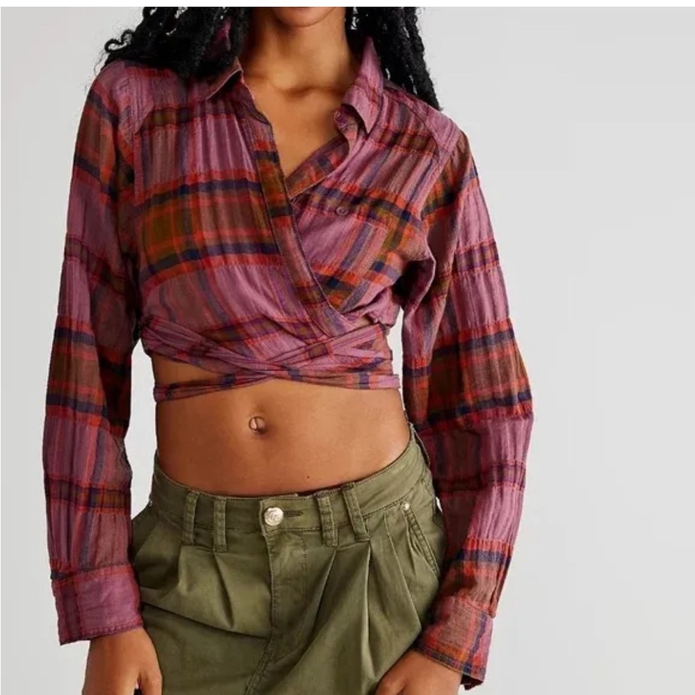 We The Free Plaid Wrap Blouse in Purple and Orange